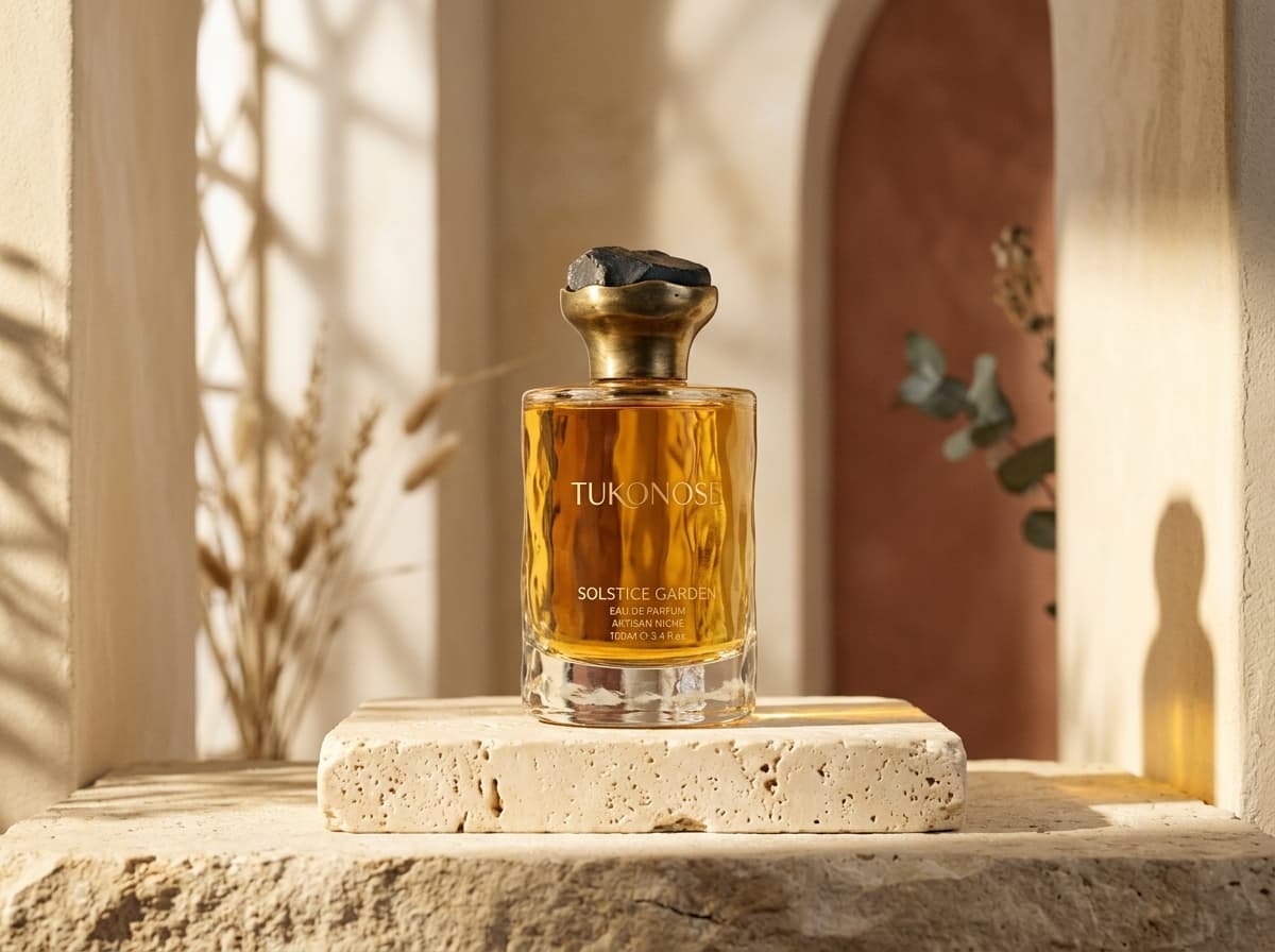 TUKONOSE Official Luxury Fragrance Visual on Travertine Stone